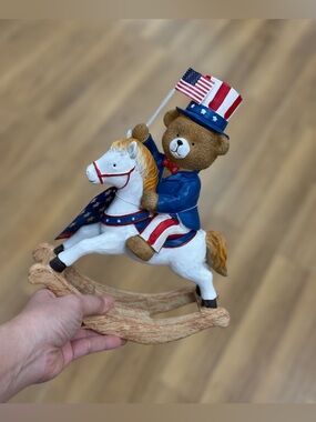 Patriotic Teddy Bear on Rocking Horse Figurine - Red, White & Blue